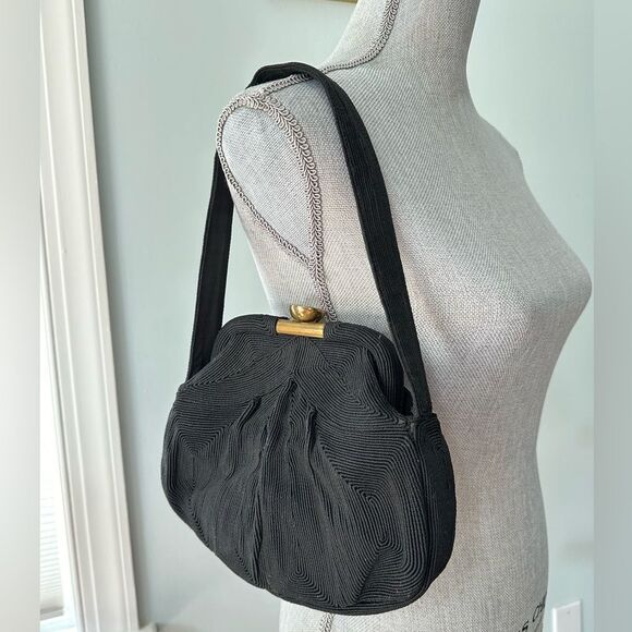 Vintage 1940s Genuine Corde Black Handbag with Brass Clasp Frame Bag Clutch - Picture 1 of 14